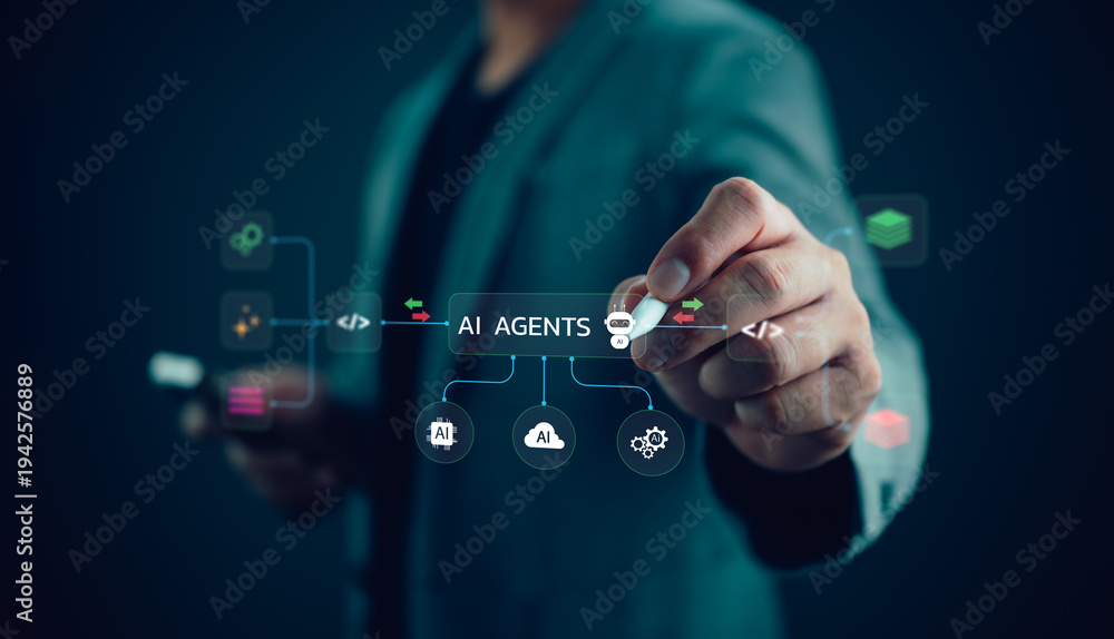 Obraz premium Business professional interacting with AI agents interface, automation workflow diagram. Concept of artificial intelligence systems, autonomous agents, digital technology, smart business automation.