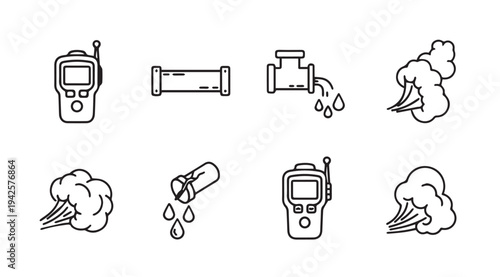 Set of icons: walkie-talkie pipe dripping tap smoke chemical test tube with drops