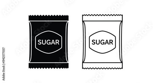 Two sugar packet icons one black one white with similar designs