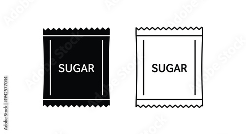 Two sugar packet illustrations one black one white with text