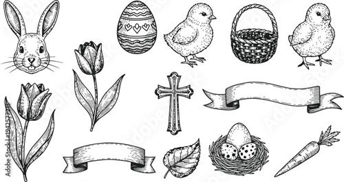Easter Elements Vector Collection: Bunny Chick Cross Eggs Tulips Carrot