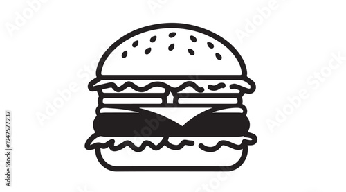 Simple Burger Icon with Sesame Seed Bun and Cheese Layer Isolated on White Background Minimalist Line Art