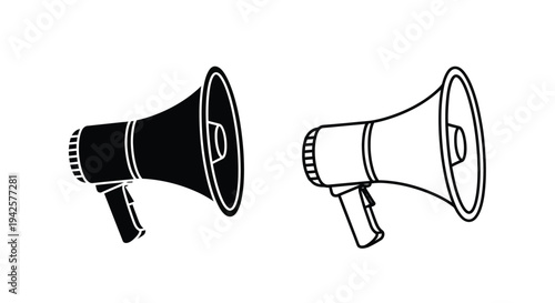 Two depictions of a megaphone one solid black the other outlined
