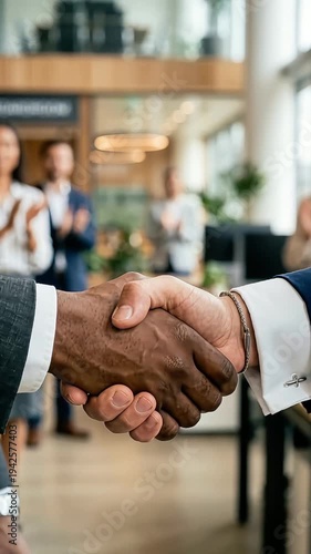 Business Professionals Shaking Hands in Modern Office, Team Celebrates Achievement with Applause
