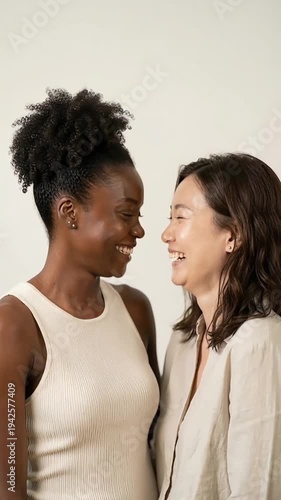Joyful Moments Between Two Friends Smiling and Embracing Each Other in a Closeup Handheld Photograph