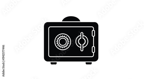 A black silhouette of a vintage safe with a combination dial lock