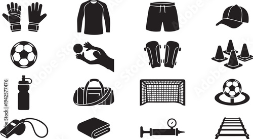 Soccer training and goalkeeper equipment icons for world cup 2026