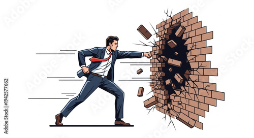 Man Breaking Through Brick Wall.
