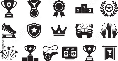 Soccer victory awards and championship trophy icons for world cup