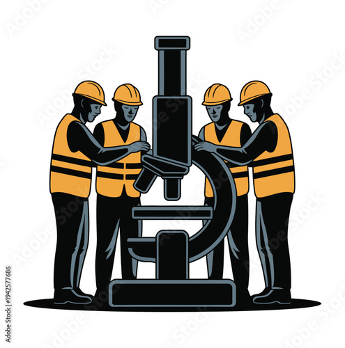 Four construction workers in orange vests and hard hats assembling a large industrial machine
