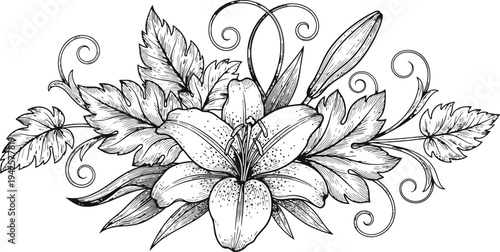 Lily Flower Arrangement Vector Illustration with Ornate Leaves and Swirls