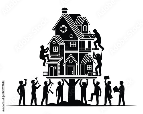 A group of people working together to build and repair a large house on a tree.