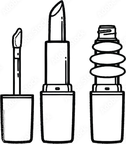 Set of makeup beauty products including liquid lipstick applicator and cosmetic container in minimalist line art style