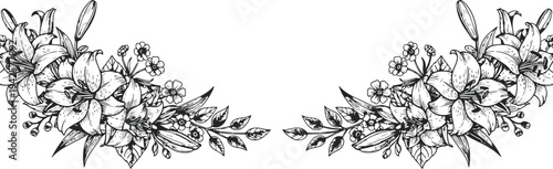 Lily Flower Swirl Vector Design with Leaves and Small Blossoms