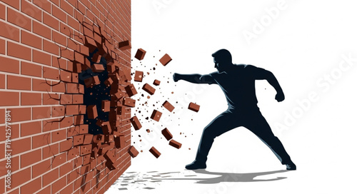 Man Breaking Through Brick Wall.