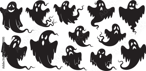 Spooky Ghost Silhouettes on White Background Halloween Theme