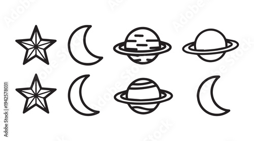 Stylized Stars Moons and Planets Icons Set Simple Line Art White Background Astronomy Theme