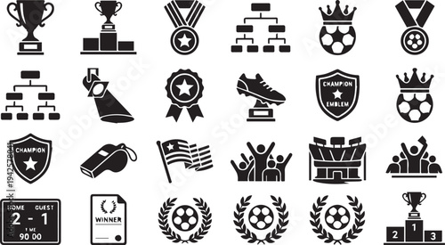 Soccer championship victory and tournament awards icons for world cup