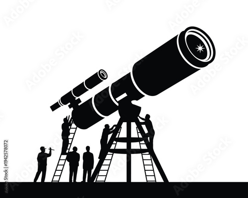 A group of people working together to operate a large telescope at night