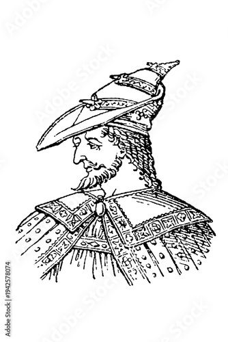 Mehmed II (1432-1481), Ottoman Sultan, portrait in ornate medieval attire with plumed turban, patterned robes, and intricate designs, old vintage illustration, 1897.