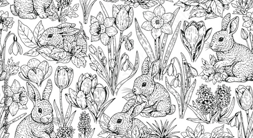 Rabbits and Spring Flowers Seamless Pattern Vector Illustration