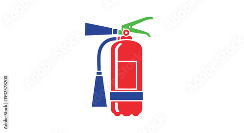 A colorful simplified illustration of a red fire extinguisher with blue accents