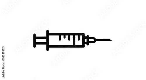 Simple black and white line drawing of a medical syringe for injection