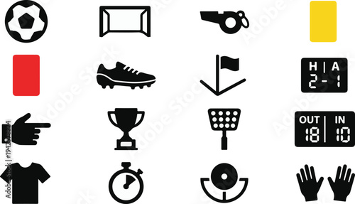 Soccer match equipment and referee penalty icons for world cup