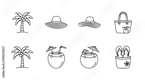 Summer Vacation Icons: Palm Trees Sun Hats Coconuts Bag Flip-flopsLine Art