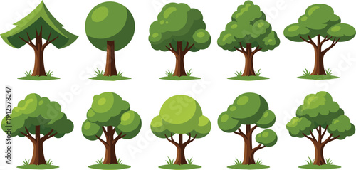 Collection of cartoon green trees isolated on white background forest nature vector illustration set