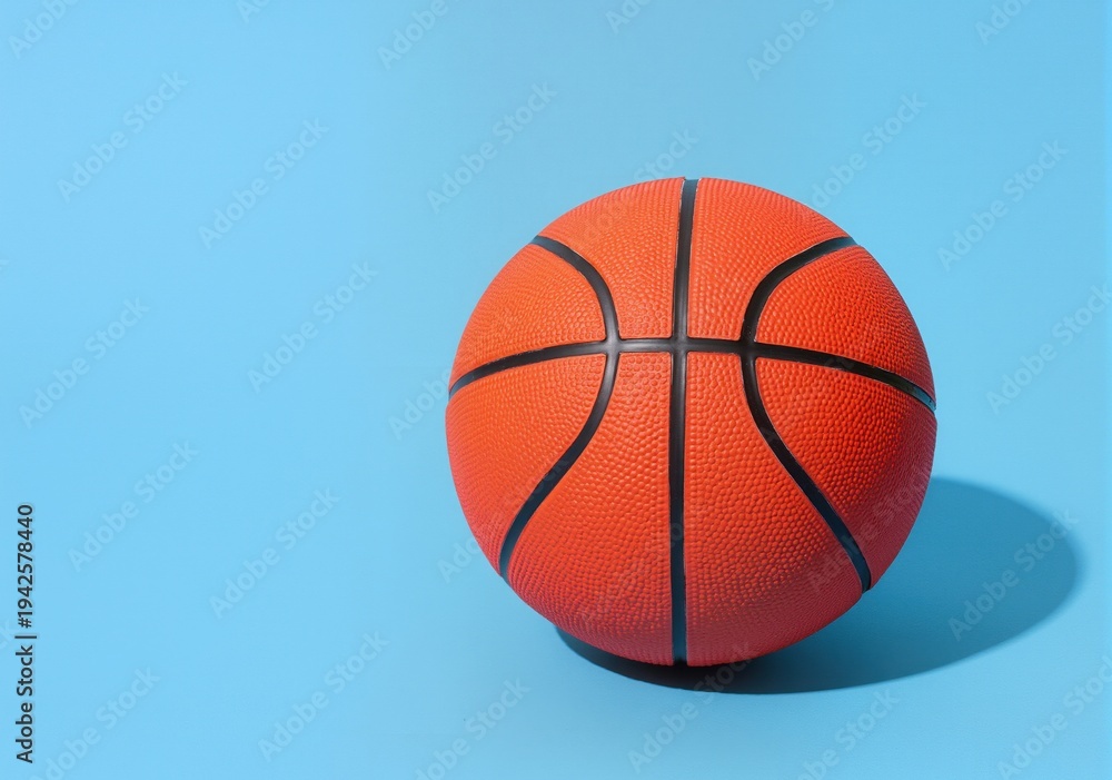 Fototapeta premium Orange rubber basketball with black seams on light blue background with cast shadow
