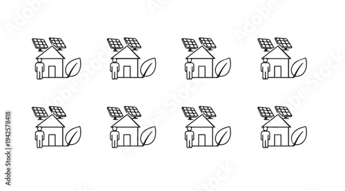 Sustainable Home Energy Icons: House Person Solar Panels Leaf Renewable Energy Concept