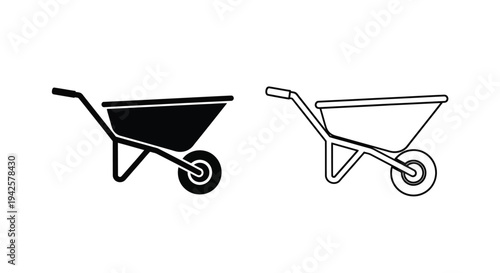 Two wheelbarrow illustrations a solid black version and a line drawing