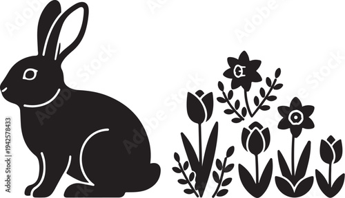 Black silhouette of a rabbit with flowers