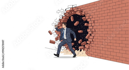 Businessman Breaking Through Brick Wall.