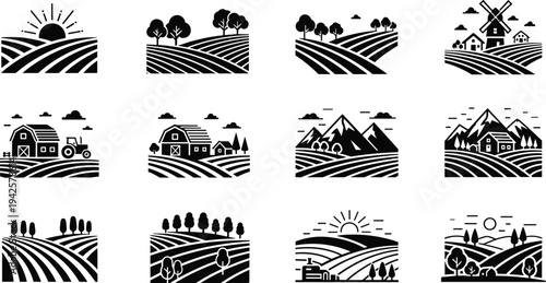 Agriculture Landscape and Farm Field Silhouette Icons Collection Vector Illustration Set