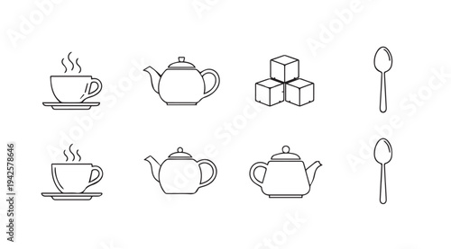 Tea Time Icons: Hot Beverage Cups Teapots Sugar Cubes and Spoons in Minimalist Line Art Style
