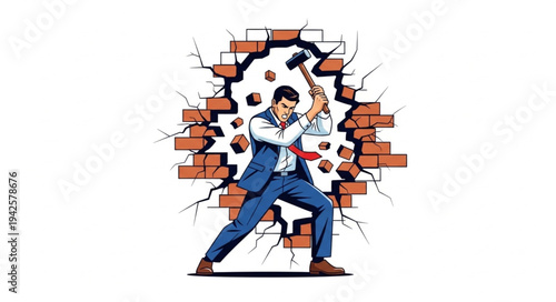 Man Breaking Through Brick Wall.