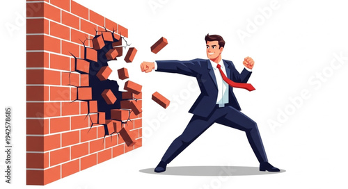 Businessman Breaking Through Brick Wall.