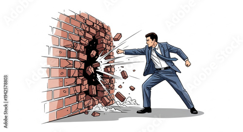 Businessman Breaking Through Brick Wall.