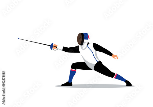 Professional fencer in white and black uniform holds an epee in a dynamic lunge pose