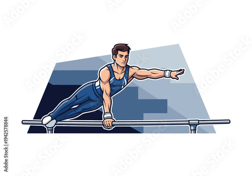 Male gymnast performing on parallel bars in a dynamic athletic illustration