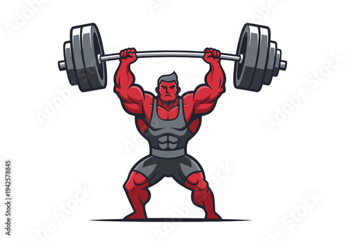 Muscular red strongman character lifting a heavy barbell overhead with an intense expression