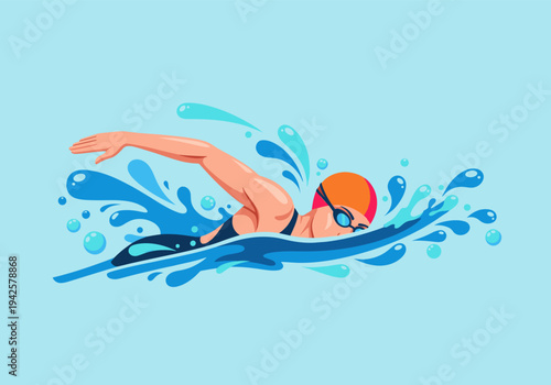 Female swimmer performing freestyle stroke with water splashes in blue pool