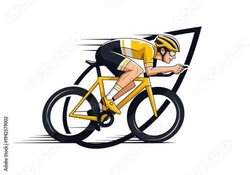 Male cyclist in yellow and black uniform riding a road bike with speed lines