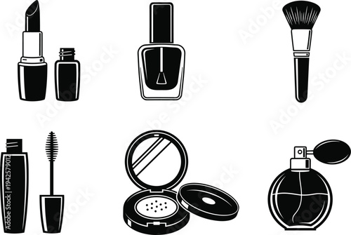 Black and White Beauty Cosmetics Vector Set Featuring Lipstick Nail Polish Makeup Brush Mascara Compact Powder and Perfume BottlesBlack and White Beauty Cosmetics Vector Set Featuring Lipstick Nail Po
