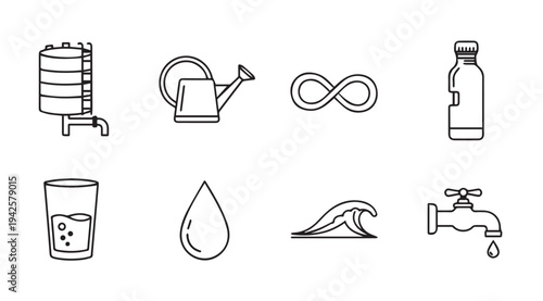 Water Icons Collection: Tap Drop Bottle Tank Wave Infinity Glass Watering Can