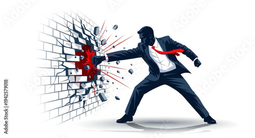 Businessman Breaking Through Brick Wall.