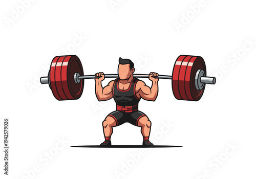 Strong male weightlifter performing a front squat with a heavy barbell in a gym setting