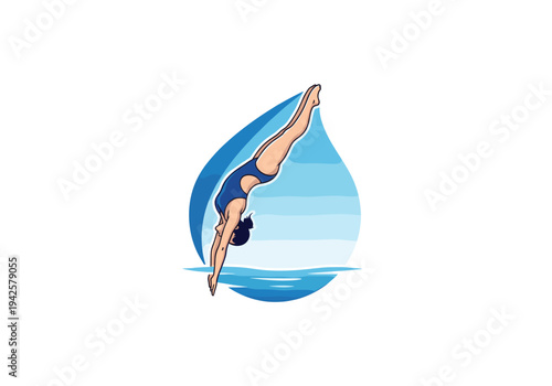 Female swimmer in blue swimsuit diving headfirst into water, framed by a blue droplet design